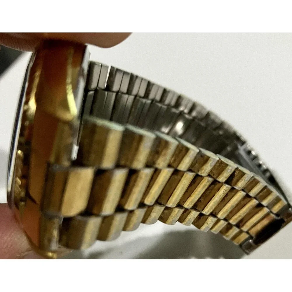 Gruen Watch Gold Dial Gold Tone Bracelet Quartz Day Date 100FT Needs Battery